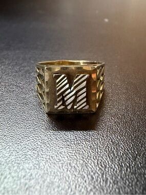 10K Yellow Gold Men's Signet Ring with M Initial, Square, Marked 417ASK